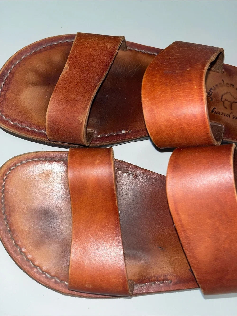 Jerusalem Sandals Men's Tan Leather Double-Strap Slide Sandals 41